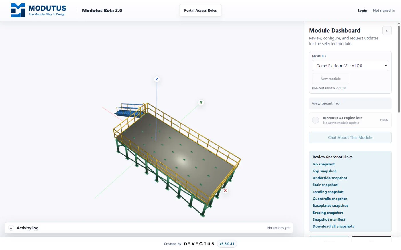 The Modutus V3 browser viewer showing a configurable industrial platform from the correct isometric camera with module controls